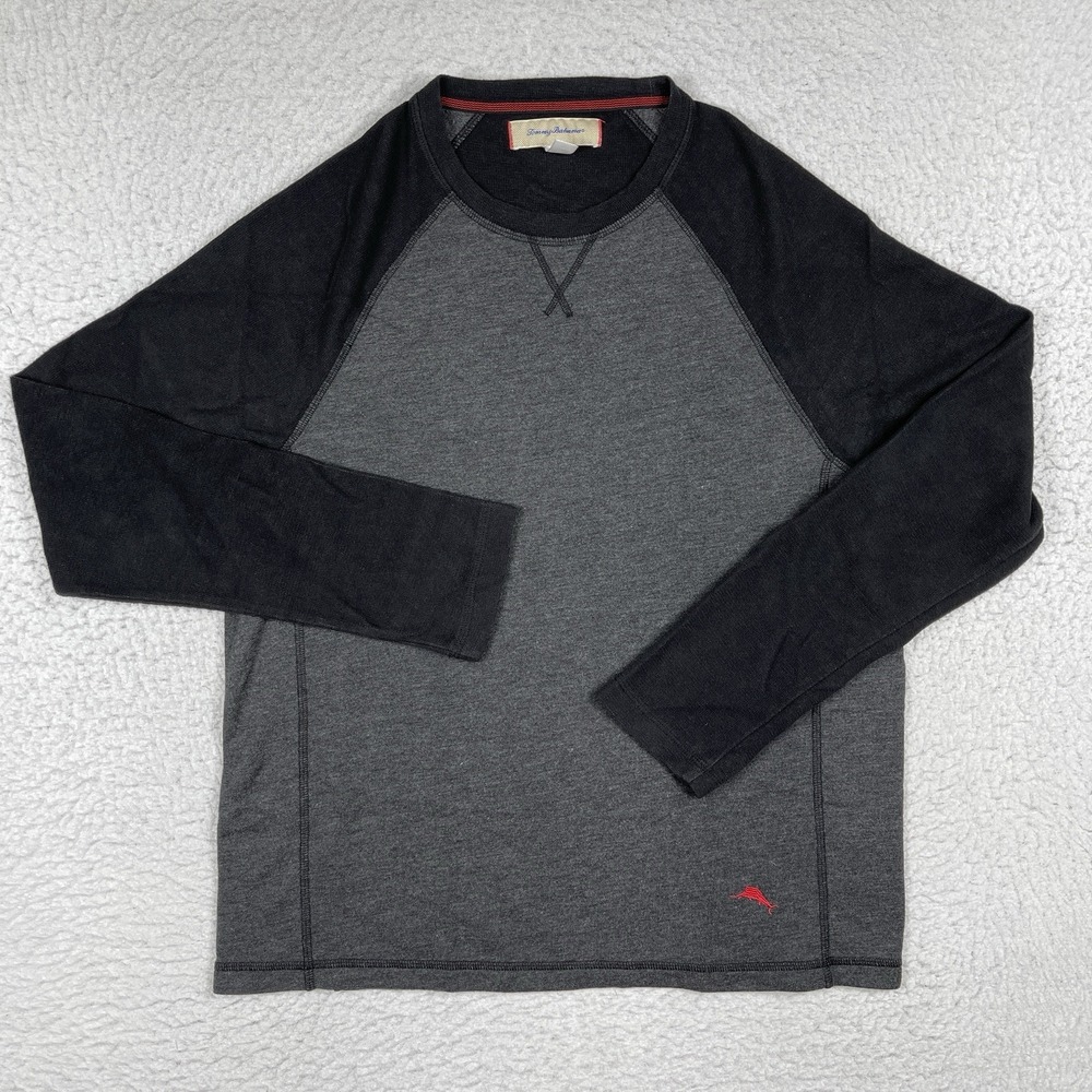 Tommy Bahama Shirt Mens Medium Black Gray Raglan Pullover Casual Preppy Outdoors